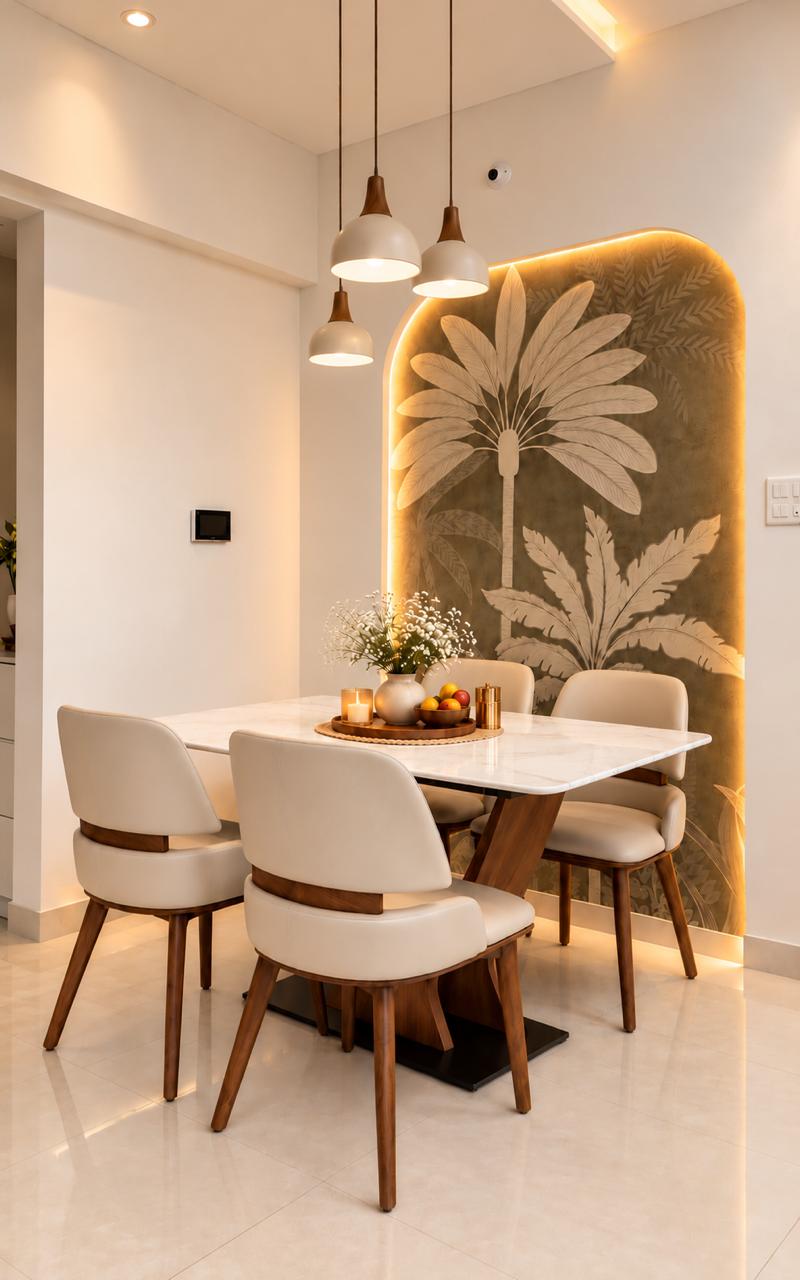 Elegant dining area with illuminated botanical archway backdrop